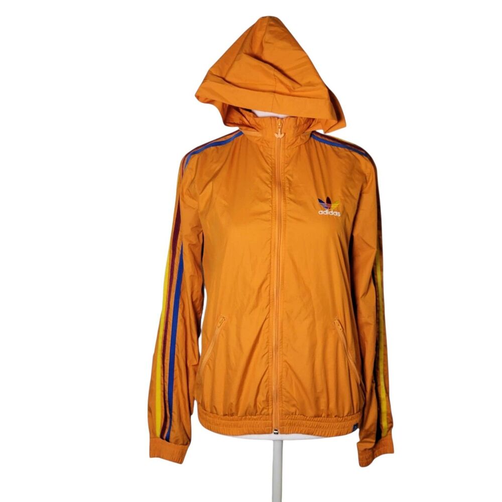 Adidas Grun Windbreaker Track Jacket Womens S Orange Retro 70s Striped Hooded